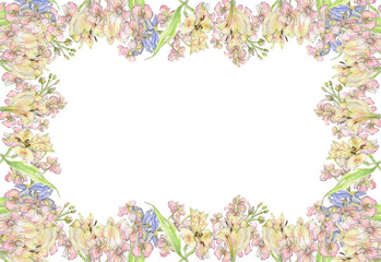 Obraz na płótnie Canvas Watercolor illustration frame of flower compositions, pastel pink, violet, yellow flowers, green leaves, drawn by hand on a white background.