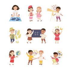 Elementary School Students at Learning Process Set, Cute Kids Having Math, Astronomy, Biology, Geography Lessons Cartoon Vector Illustration