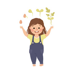 Cute Girl Having Biology Lesson, Elementary School Student at Learning Process, Kids Education Concept Cartoon Vector Illustration