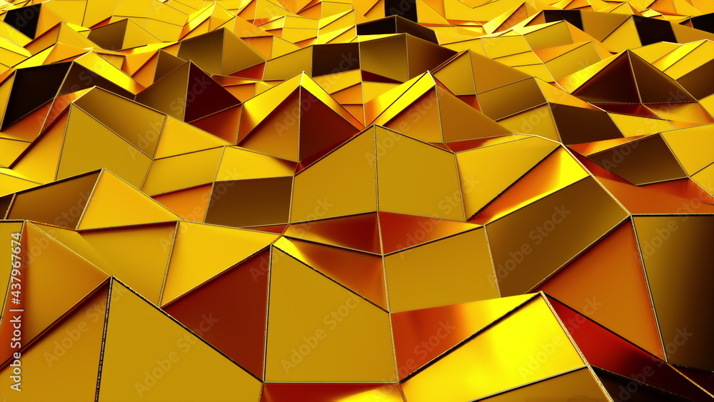 Poster geometric 3d render crystals from shiny triangular shapes. digital mountains shape shifting bright h