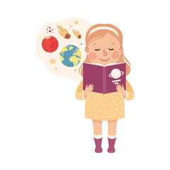 Cute Girl Having Astronomy Lesson, Elementary School Student Reading Book about Planets, Kids Education Concept Cartoon Vector Illustration