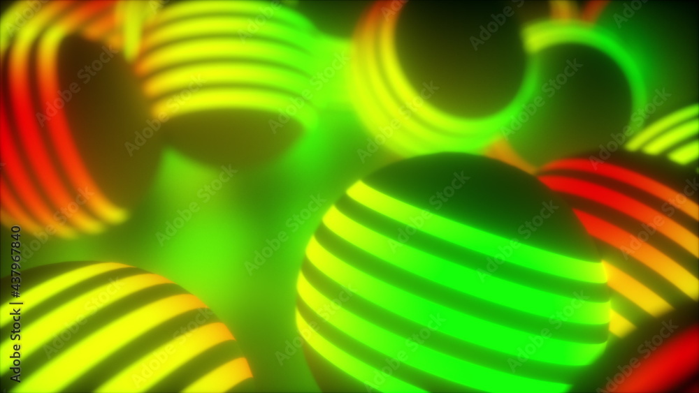 Poster creative geometric tracery of large 3d render balls spinning in space. bright planets shape in digit