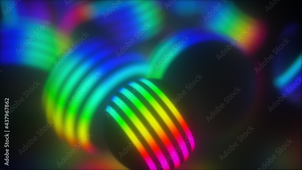 Poster creative geometric tracery of large 3d render balls spinning in space. bright planets shape in digit