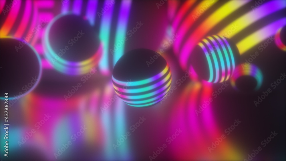 Poster creative geometric tracery of large 3d render balls spinning in space. bright planets shape in digit