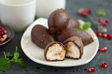 Homemade curd snacks with chocolate .. Selective focus.