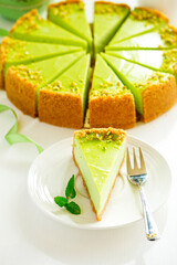 Pistachio Cheesecake. Homemade baking. Selective focus