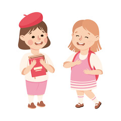 Cute Happy Girls Elementary School Students, Kids Education Concept Cartoon Vector Illustration