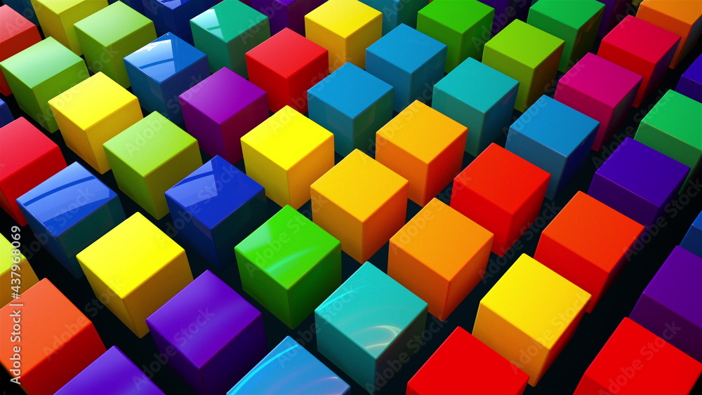 Poster geometric 3d render simple squares laid with lines on surface. multicolored boxes in dynamic lightin
