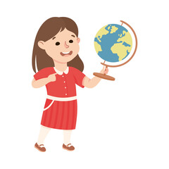Fototapeta premium Cute Girl Having Geography Lesson, Elementary School Student Standing with Globe, Kids Education Concept Cartoon Vector Illustration