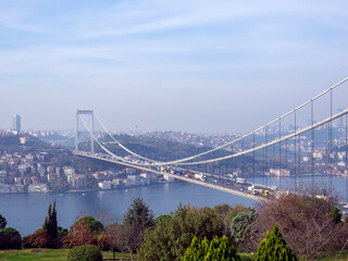 Bosphorus Bridge with skyscrapers in Istanbul, Turkey