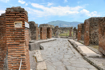 View of the roman ruins destroyed by the eruption of Mount Vesuvius centuries ago at Pompeii Archaeological Park