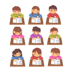 Cute Boys and Girls Learning to Write Set, Elementary School Students in Casual Uniform Making Homework Cartoon Vector Illustration