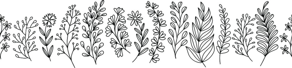 Hand drawn vector seamless border with flowers and herbs. Stock illustration with easter plants.