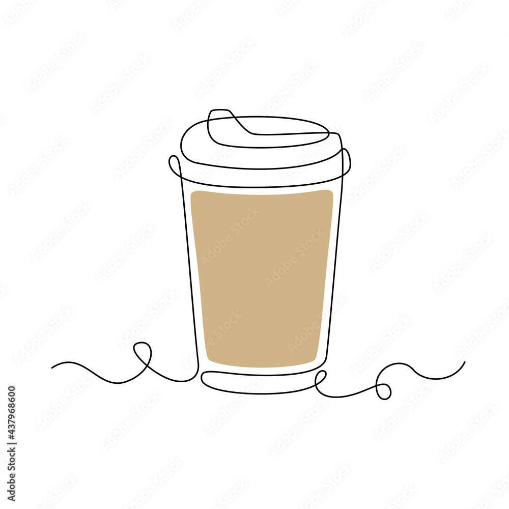 Poster paper cup of coffee in continuous line drawing. concept of hot drink to go in lineart style. editabl