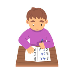 Cute Boy Sitting at his Desk and Writing, Elementary School Student Writing English Letters in Notebook Cartoon Vector Illustration