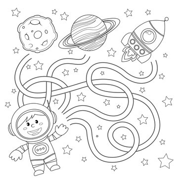 Help cosmonaut find path to rocket. Labyrinth. Maze game for kids. Black and white vector illustration for coloring book