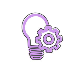 Vector lamp and gear icon. Symbol of generating new ideas on cartoon style on white isolated background.