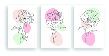 minimalist line art flower illustration with abstract leaves poster design set
