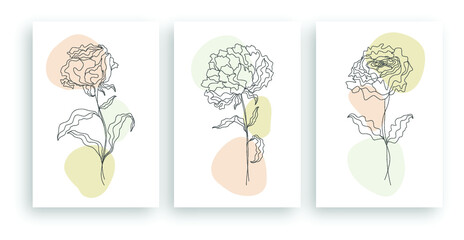 minimalist line art flower illustration with abstract leaves poster design set
