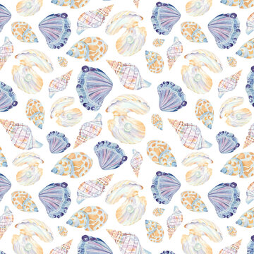 Watercolor seamless pattern with seashells