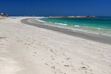 Wonderful view of the lagoon, seashore, white sand beach and blue sea. Djerba Island, Tunisia