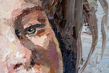 Fragment of a female portrait. Female eyes detail close. Oil painting on canvas.