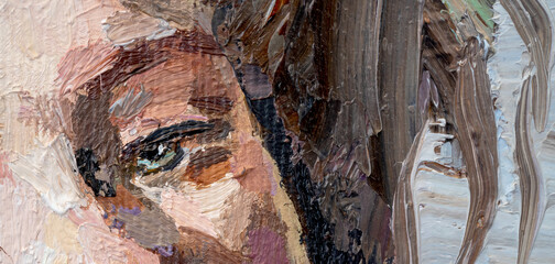 Fragment of a female portrait. Female eyes detail close. Oil painting on canvas. - obrazy, fototapety, plakaty
