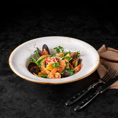 seafood salad or appetizer shrimp, mussels, squid and other ingredients on a black background.