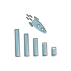 Vector image diagram of decline with rocket, recession. Icon financial crisis. Drop in sales on white isolated background.