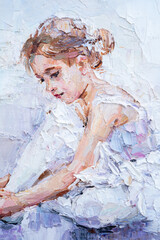 .Portrait of a little cute girl. Ballerina is preparing for a performance on a white background. Oil painting on canvas.