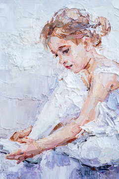 .Portrait of a little cute girl. Ballerina is preparing for a performance on a white background. Oil painting on canvas.