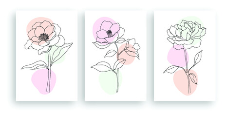 minimalist line art flower illustration with abstract leaves poster design set
