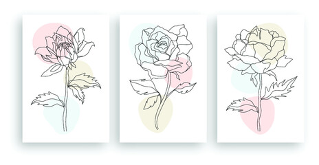minimalist line art flower illustration with abstract leaves poster design set
