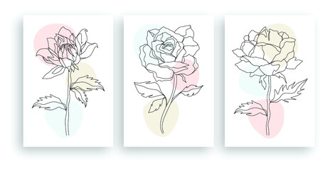 minimalist line art flower illustration with abstract leaves poster design set
