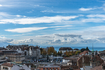 Panoramic view of the city of Lausanne and Lake Geneva.