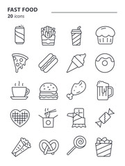 Fastfood - icon set. Street food linear symbols. Vector line web icons collection.