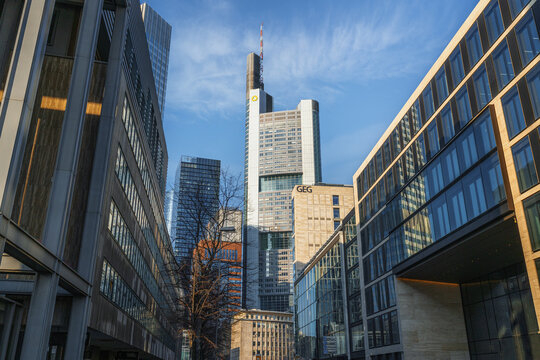 Modern buildings in Frankfurt financial district with Commerzbank Tower - Frankfurt, Germany