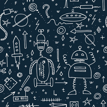 Hand drawn robots seamless pattern. Doodle elements. School board  background. Vector print. Stock Vector | Adobe Stock