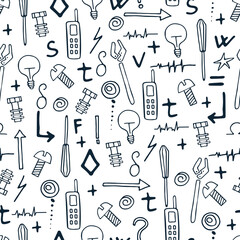 Seamless pattern with different technical items and mathematics signs. Sketch. Vector illustration.