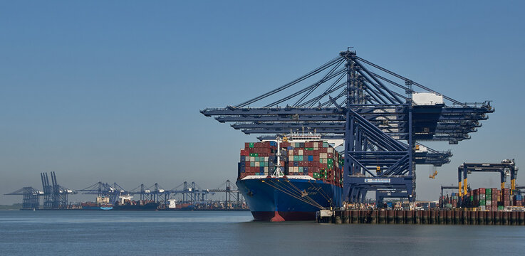 Container Ship at Port of Felixstowe, Suffolk, England