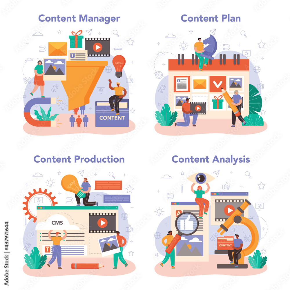 Poster content manager concept set. idea of digital strategy and content