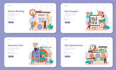 SEO specialist web banner or landing page set. Idea of search engine