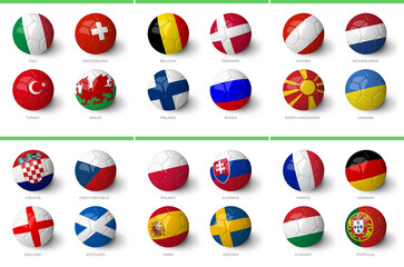 Europe 2020 groups with country flags isolated on white background.