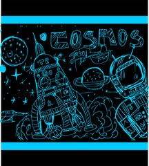 Hand drawn space rocket and astronaut graphic design vector art