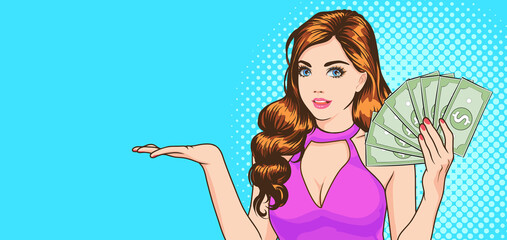 woman holding money and copy space on her palm and showing