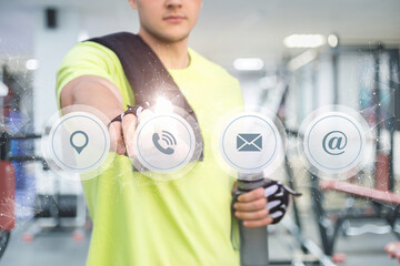 Athlete clicks on contact icons on the background of the gym.