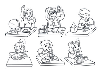 Schoolchildren children sit at tables collection. Schooling line. Chemical experience, reading a book and looking through a microscope. Vector isolated illustration of cartoon child style characters
