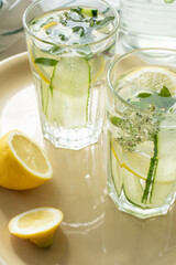 Summer fresh lemonades with cucumber, lemon and mint.