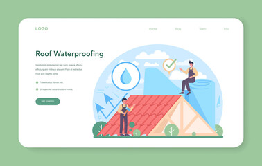 Roof construction worker web banner or landing page. Building fixing
