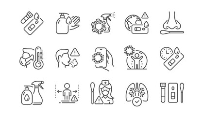 Covid Test line icons. Nasal swab, Blood testing, Waiting time. Social Distance, Hand Sanitizer, Rapid Antigen Test icons. Coronavirus protection, Pneumonia virus. Nose with cotton swab. Vector
